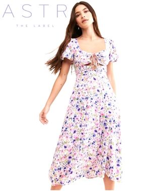 Astr Pastel Floral Lace-Up Midi Dress in White, Pink & Purple